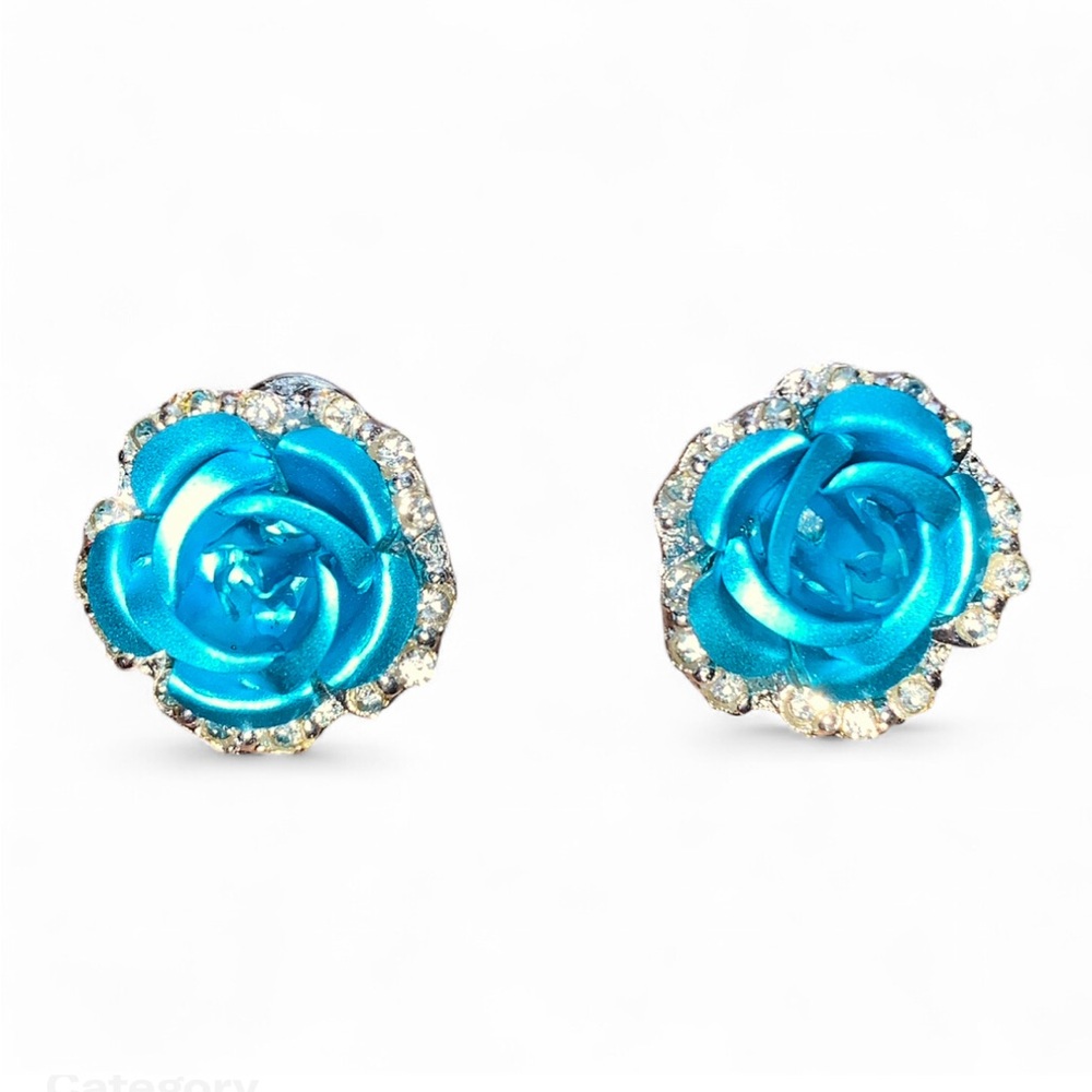 Vintage Blue Rose Earrings with Crystal Accents